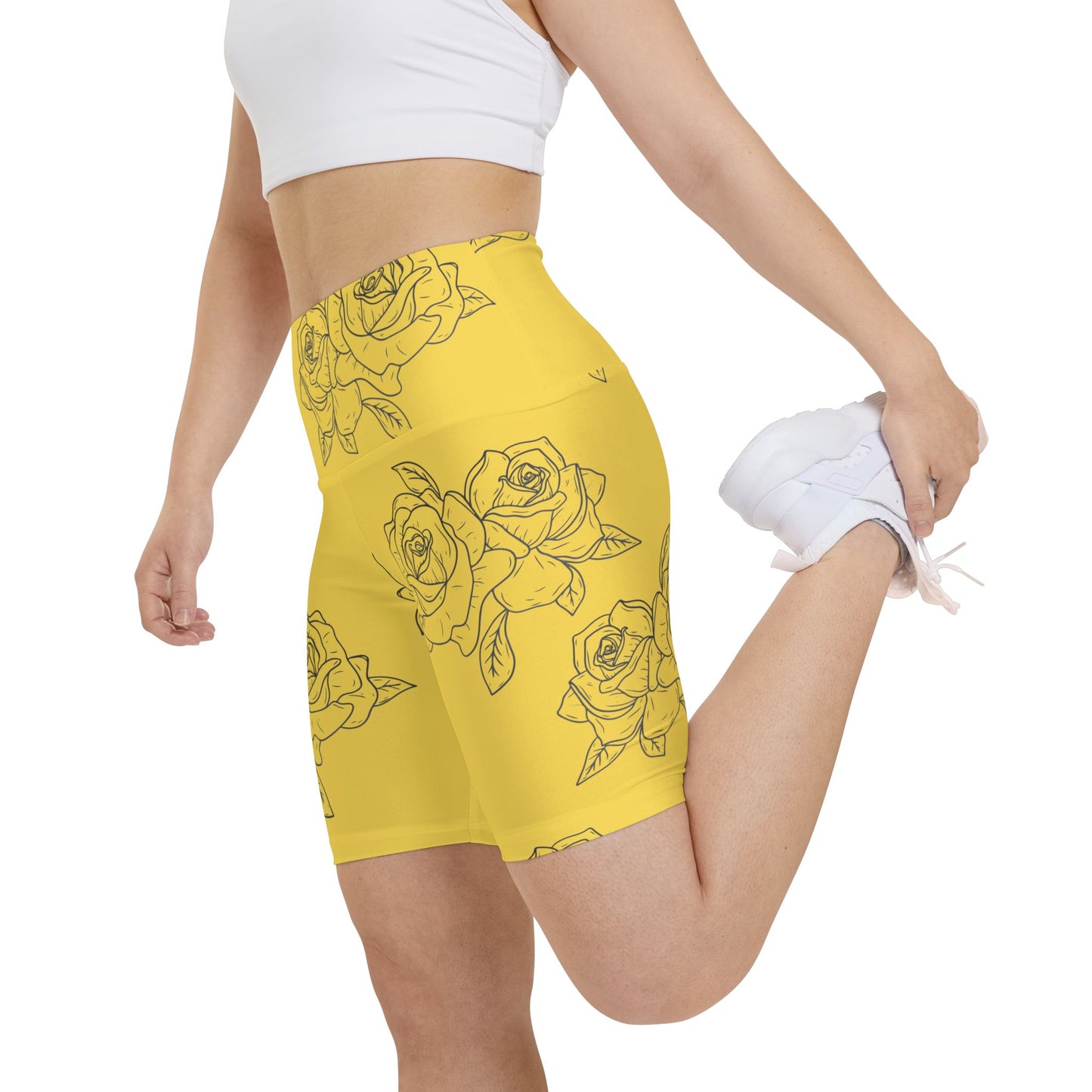 Yellow Rose Print Workout Shorts — Women's Floral Athletic Biker Shorts©