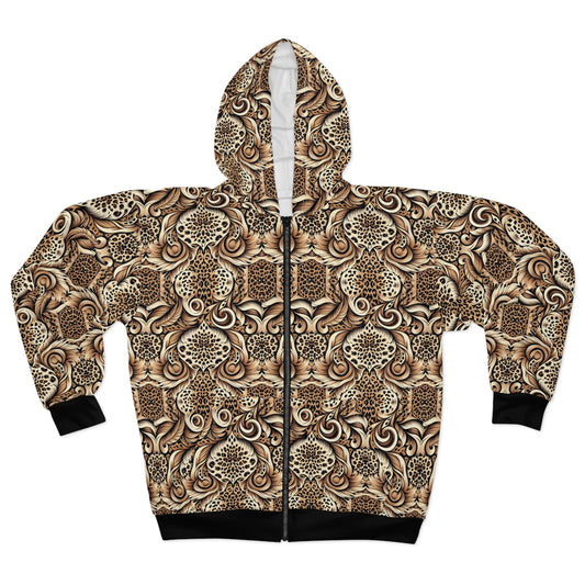 All-Over Print Zip Hoodie — Vintage Brown Ornamental Pattern©