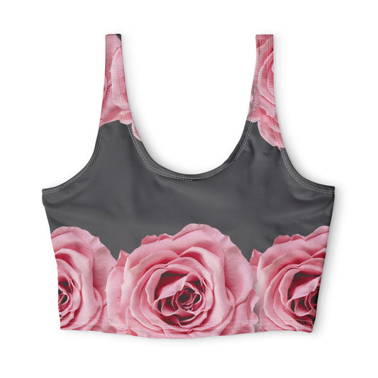 Floral Rose Sports Bra — Pink Roses on Charcoal Crop Top©