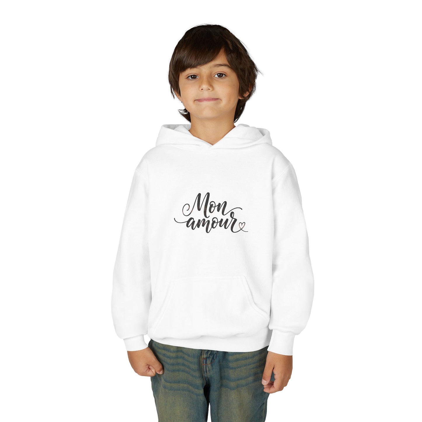 Youth Hoodie — 'Mon Amour' Script Front & Red Rose Pattern Back©