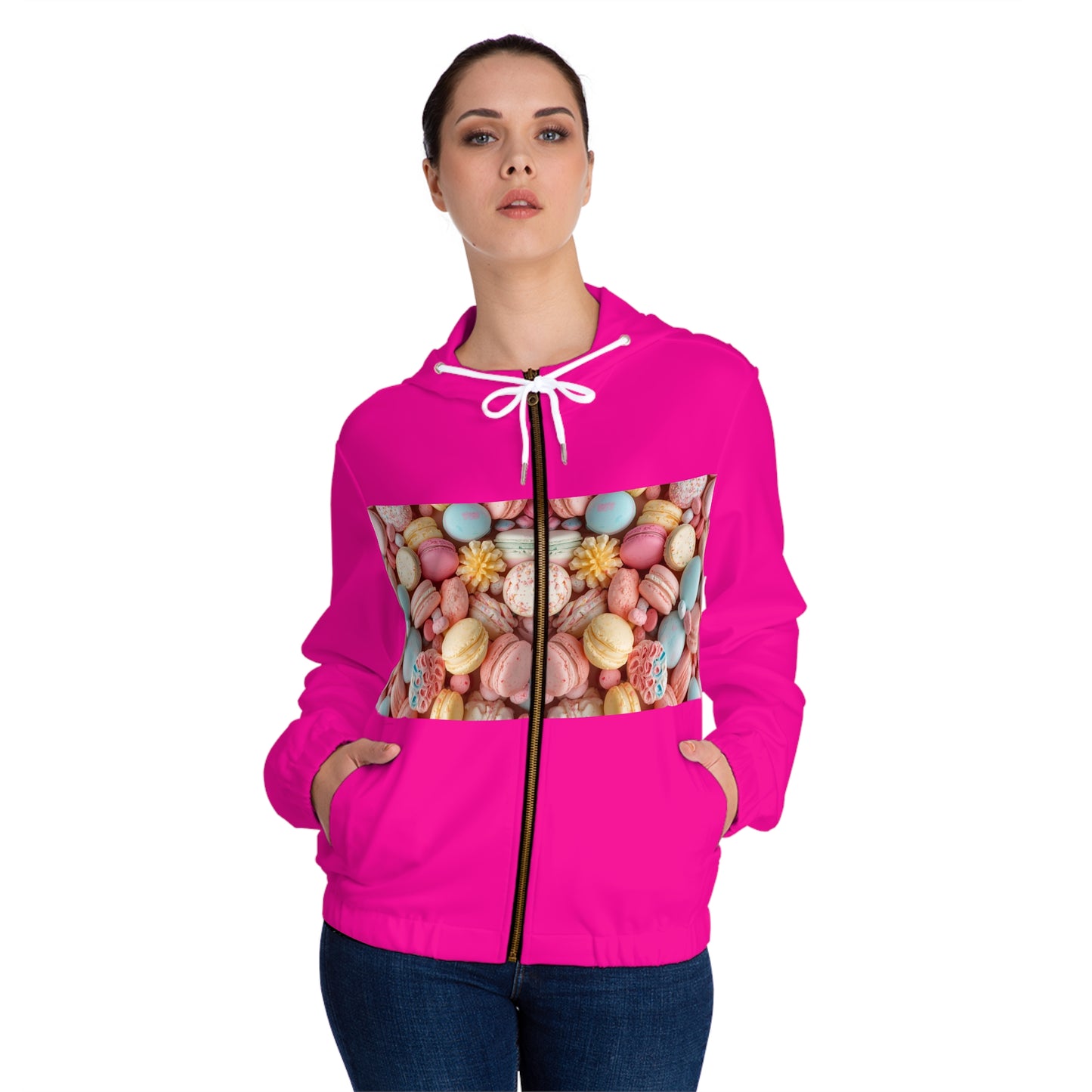 Women’s Full-Zip Hoodie — Pastel Macaron Photo Panel, Cute Dessert Graphic©