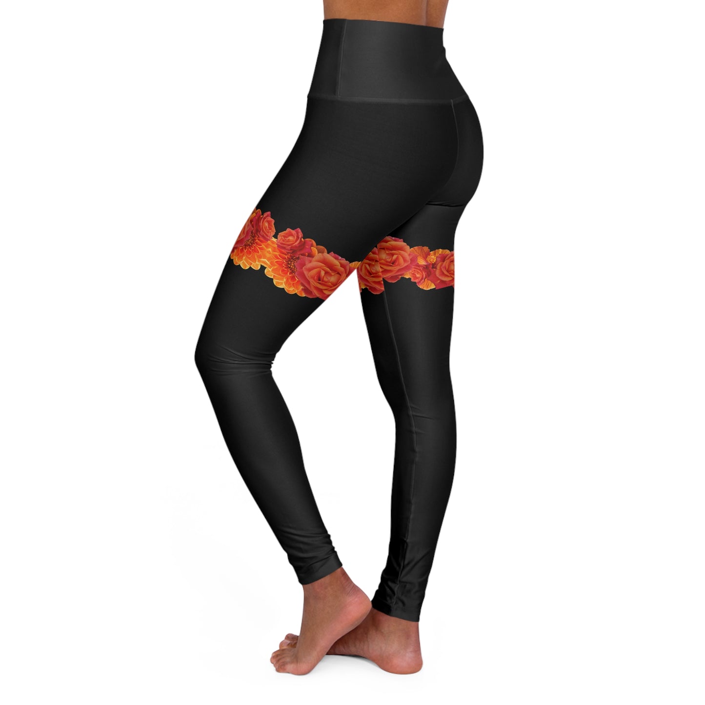 Black High-Waist Yoga Leggings with Orange Rose Thigh Band — Floral Activewear