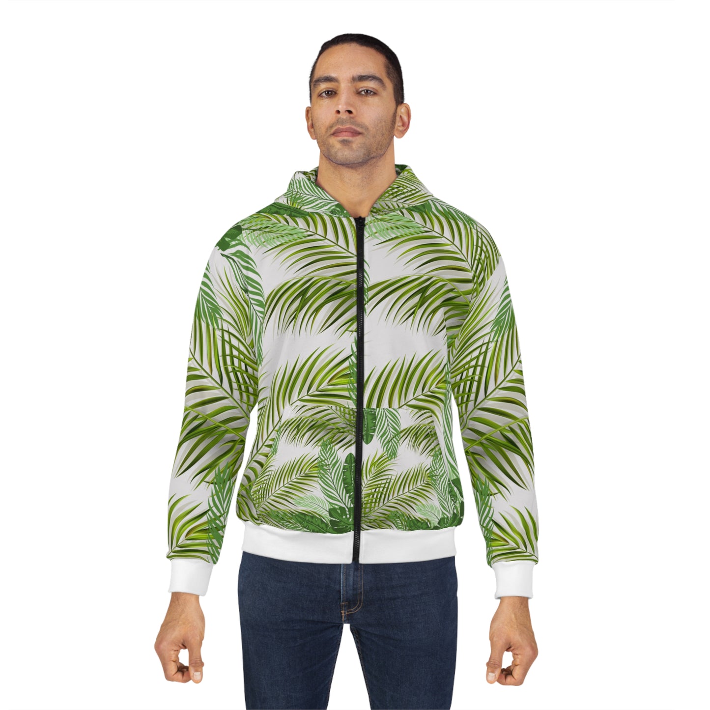 Tropical Palm Leaf Zip Hoodie — All-Over Print Botanical Jacket©