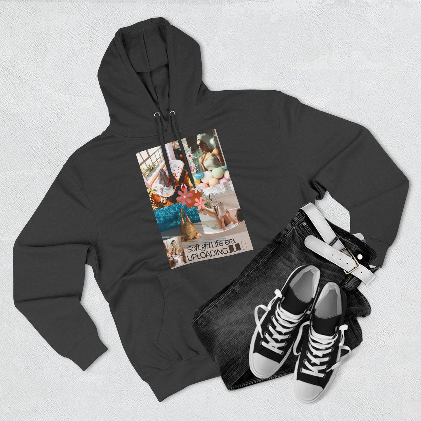 Collage Graphic Hoodie — "Soft Girl Era Uploading" Cozy Fleece Pullover©