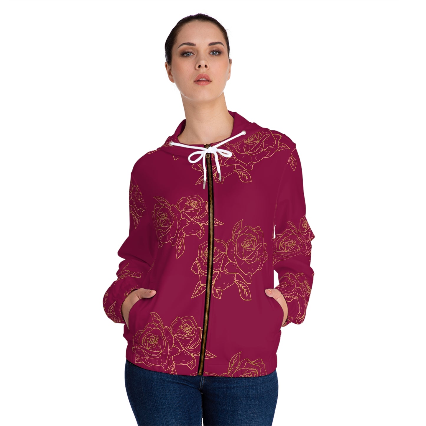Women’s Rose Zip Hoodie – Burgundy Floral All-Over Print©