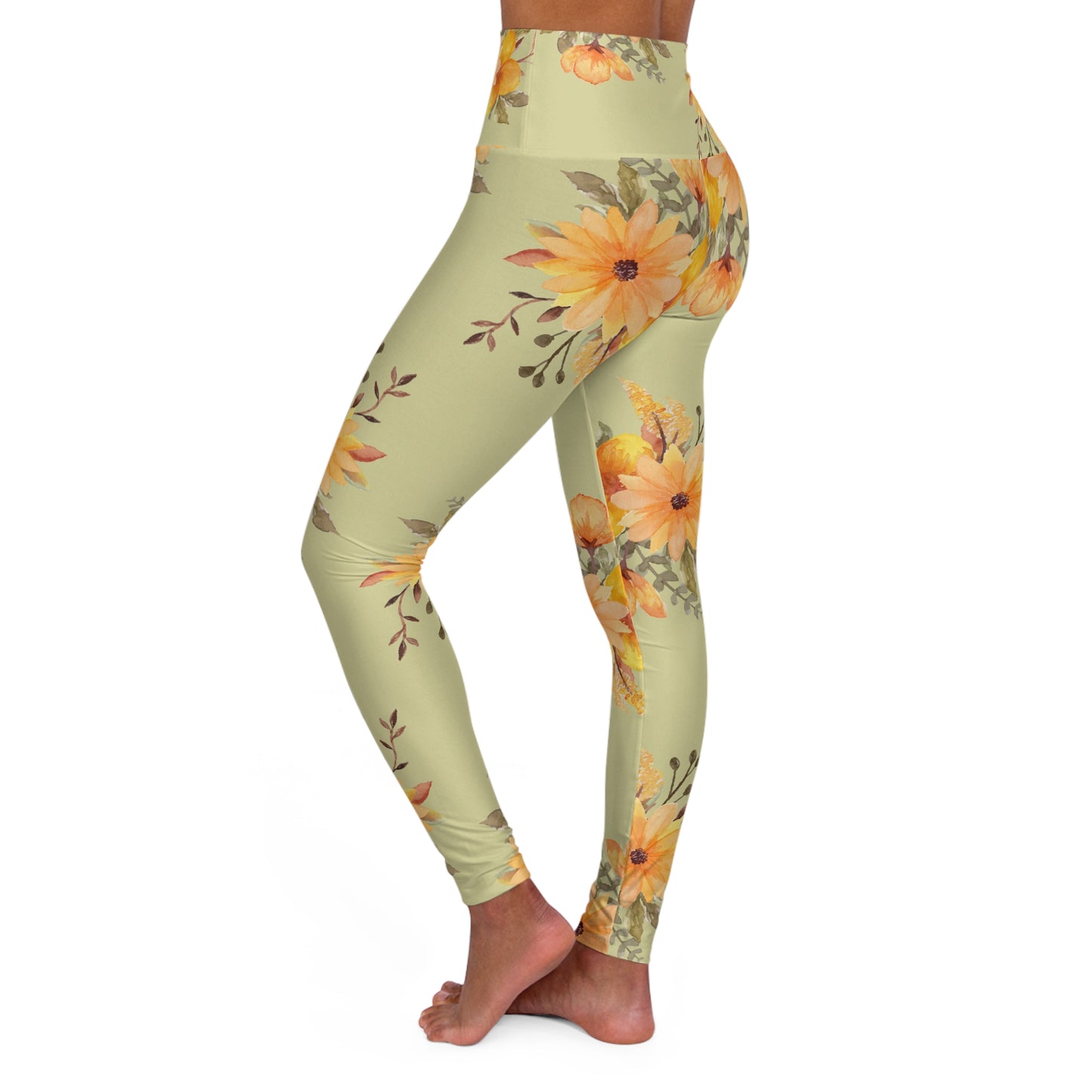 Floral High-Waist Yoga Leggings — Yellow Watercolour Daisies©