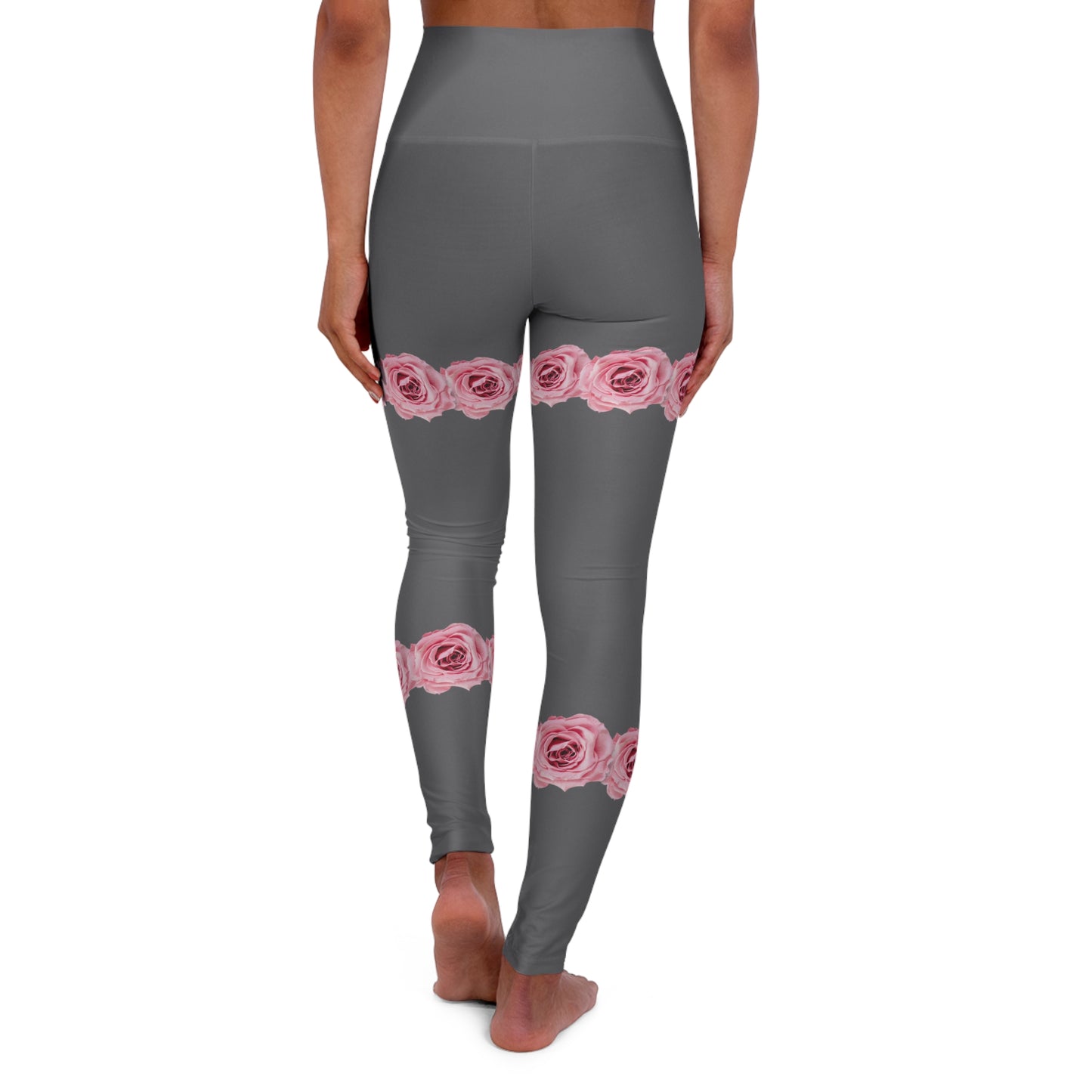 High-Waist Rose Band Yoga Leggings — Pink Floral Thigh Accent, Comfortable Activewear©