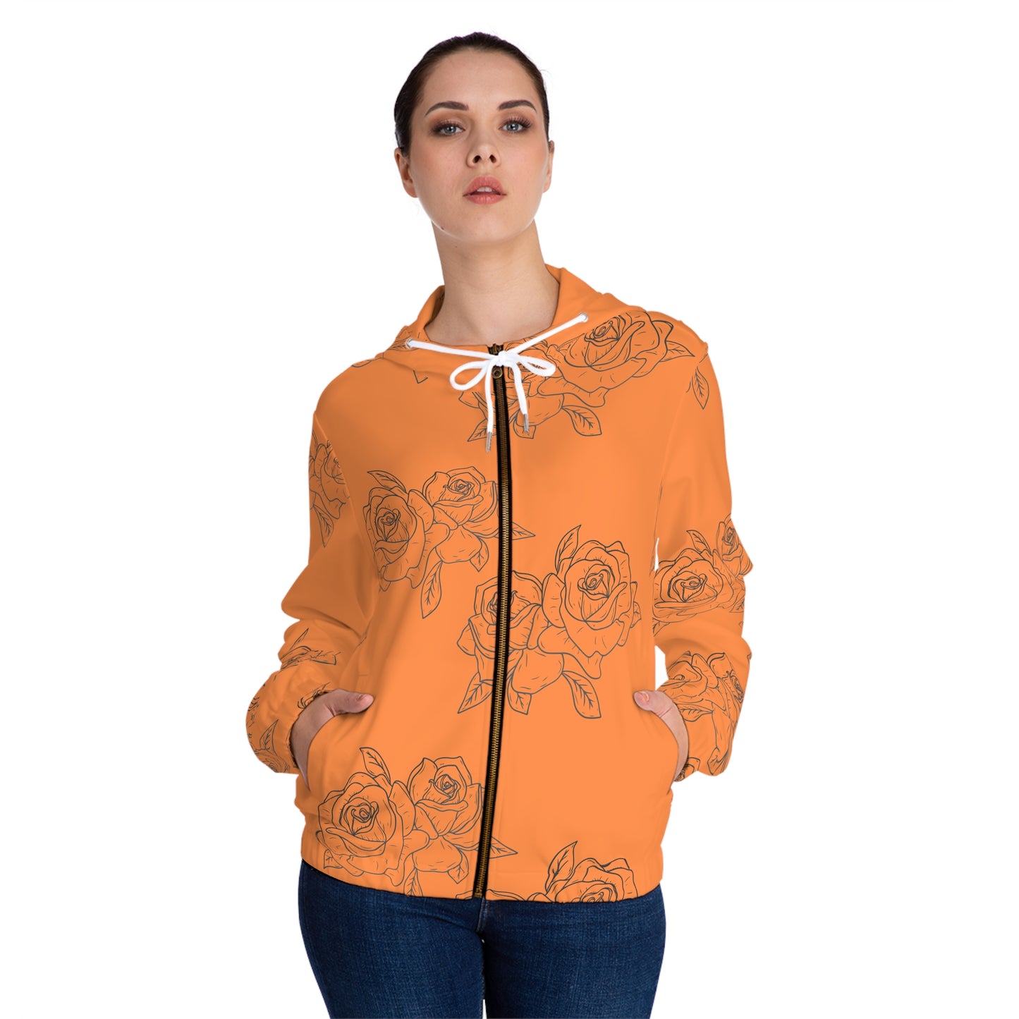 Orange Rose Sketch Zip-Up Hoodie — Floral Women's Full-Zip Jacket©