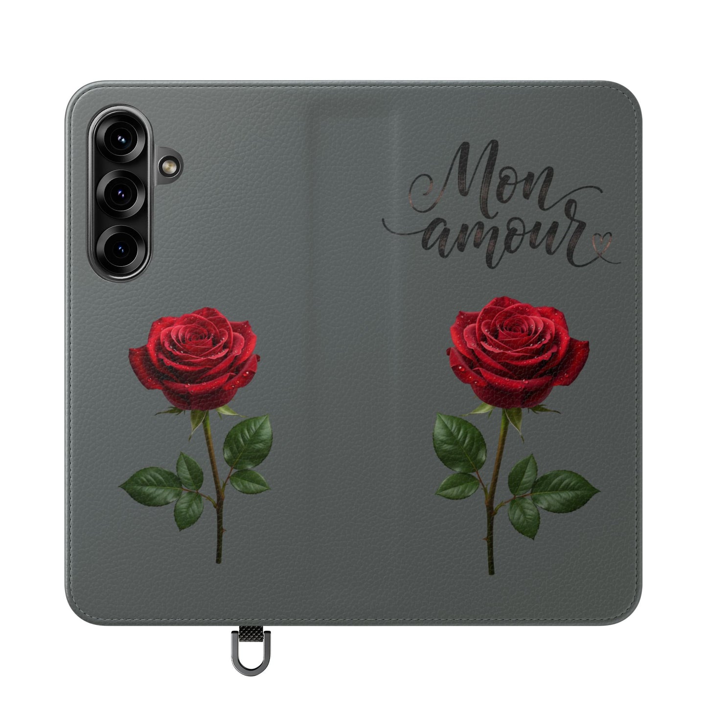 Mon Amour Rose Flip Phone Case — Floral Wallet Flip Case with 'Mon amour' Script