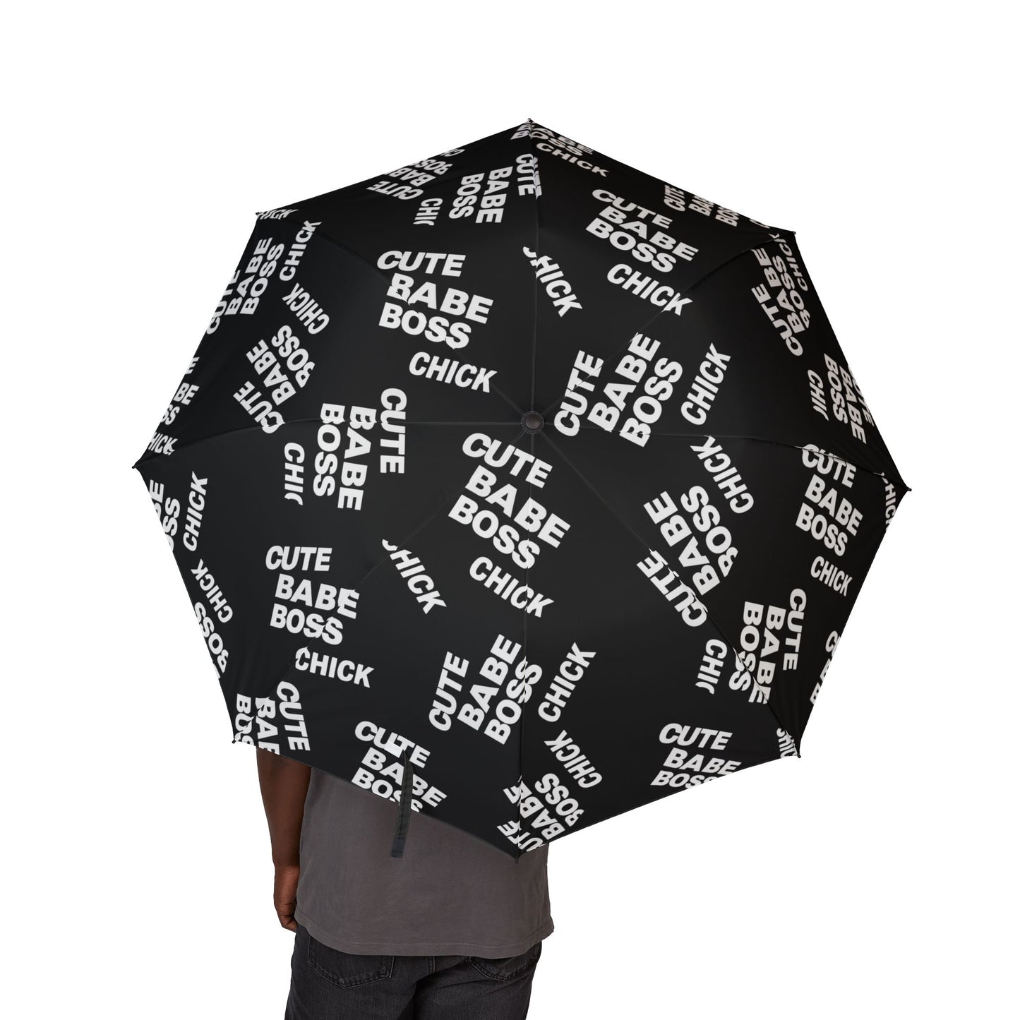 Foldable Umbrella — Black "Cute Babe Boss Chick" Pattern, Semi-Automatic Compact Rain Umbrella©