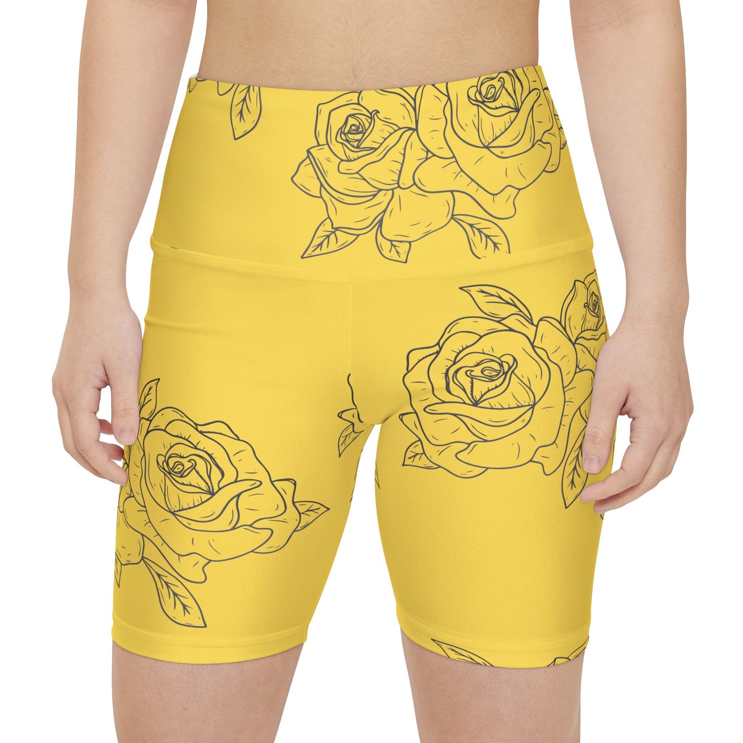 Yellow Rose Print Workout Shorts — Women's Floral Athletic Biker Shorts©