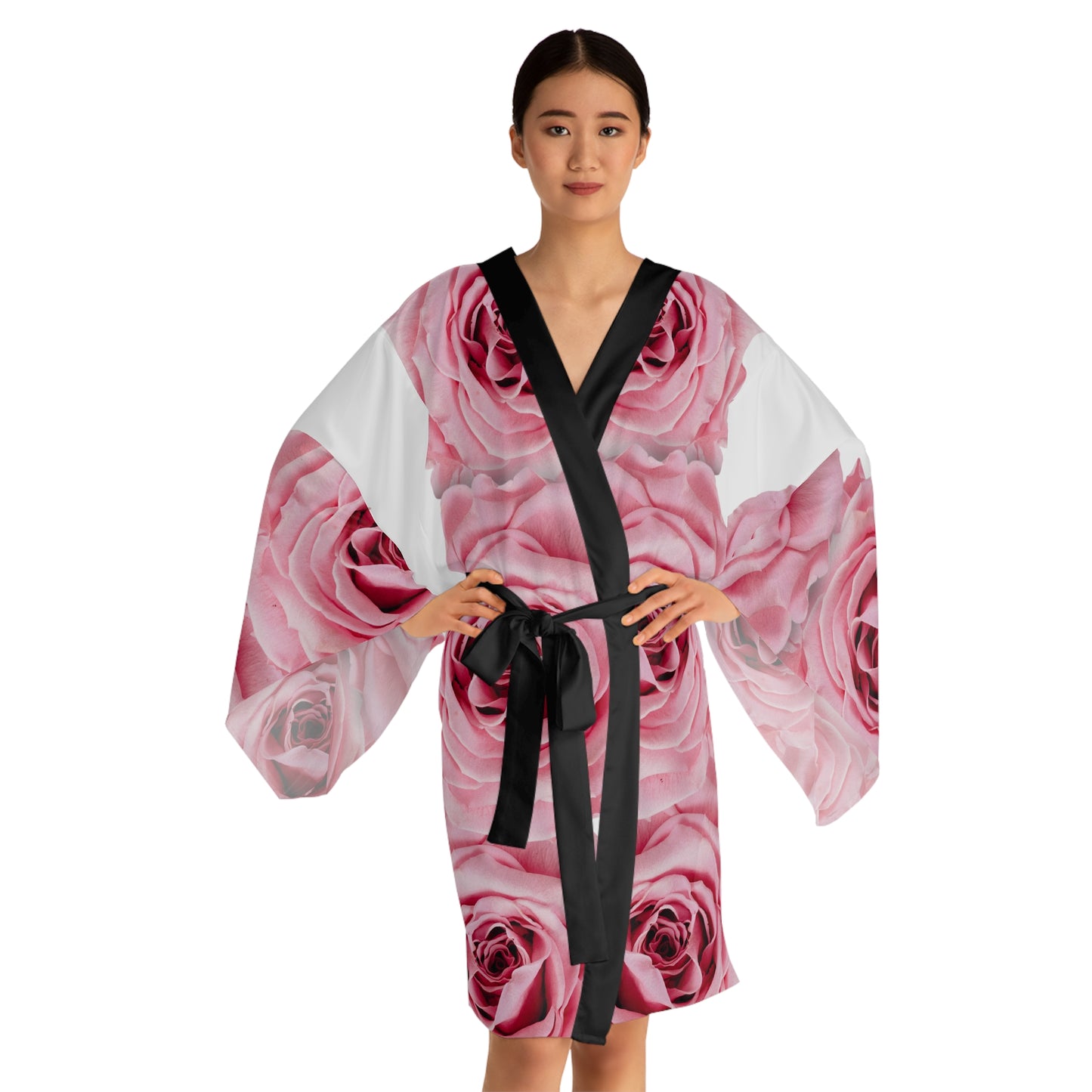 Pink Rose Kimono Robe — Floral Long Sleeve Lounge Wrap©