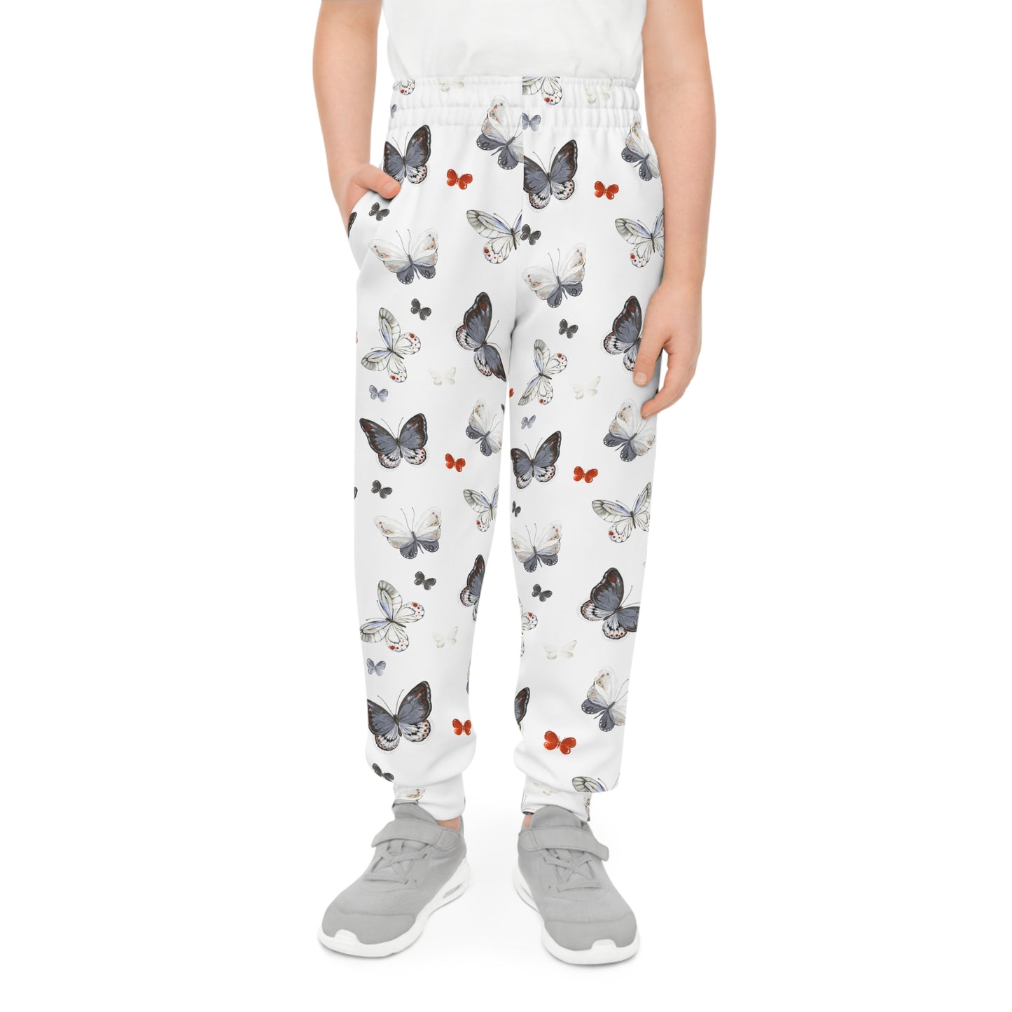Butterfly Print Youth Joggers – White All-Over-Print Cozy Pants for Kids©
