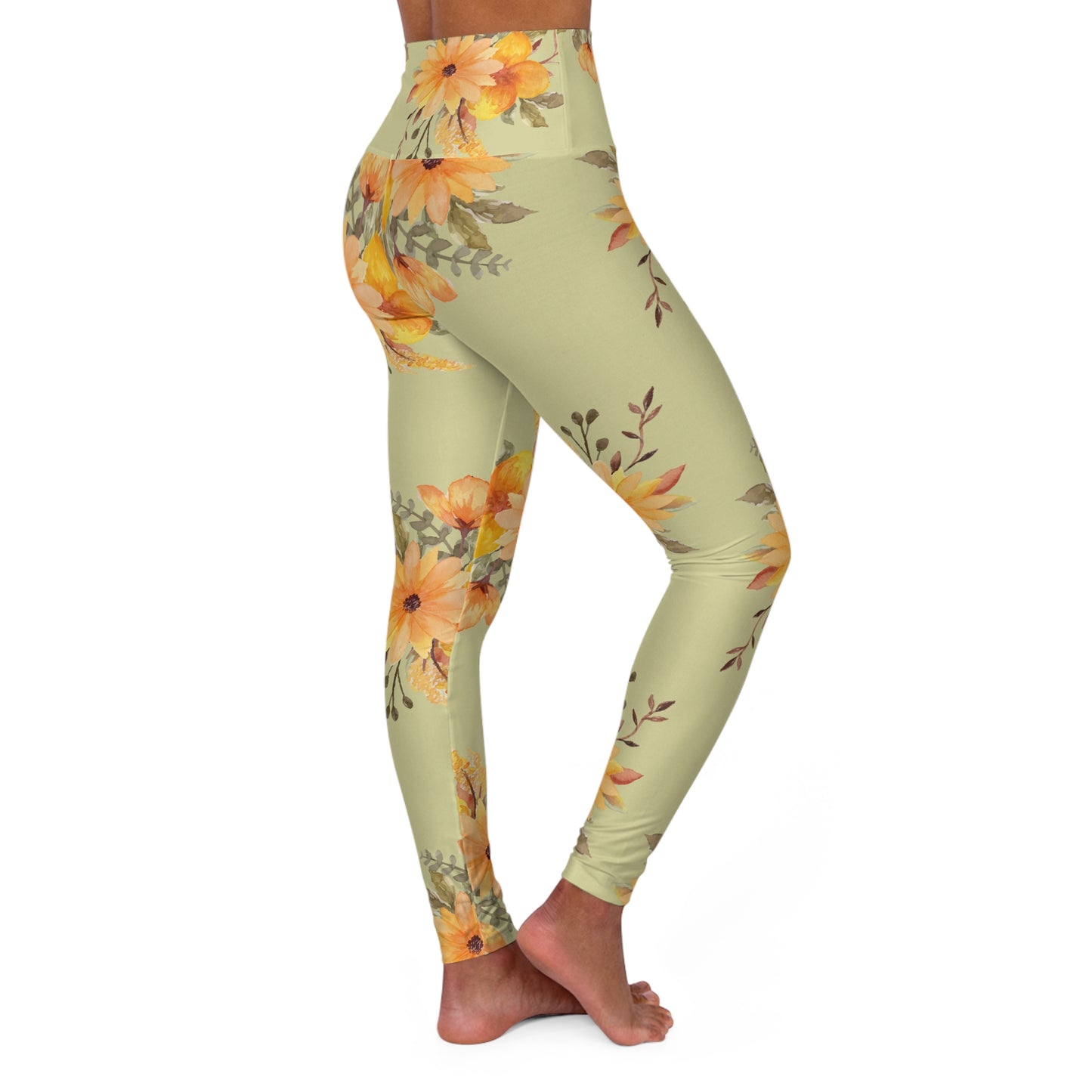 Floral High-Waist Yoga Leggings — Yellow Watercolour Daisies©