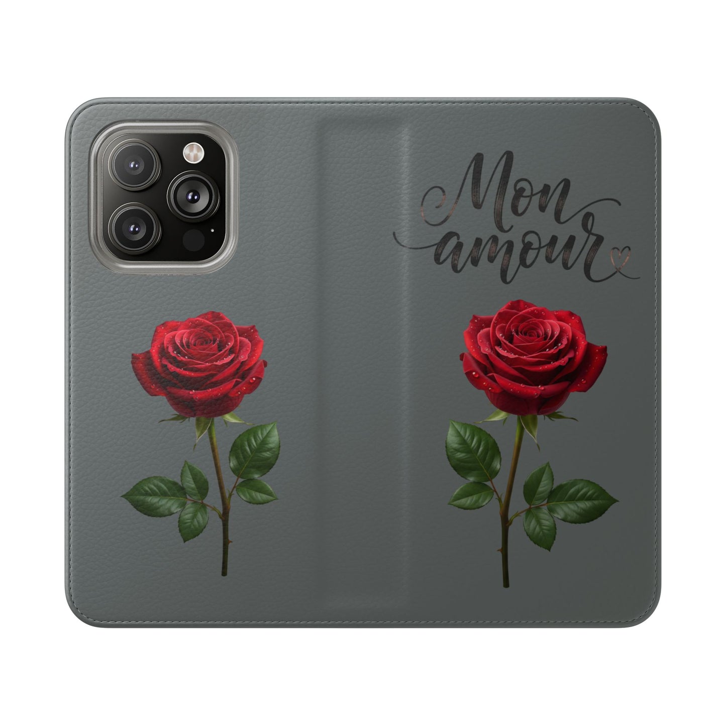 Mon Amour Rose Flip Phone Case — Floral Wallet Flip Case with 'Mon amour' Script