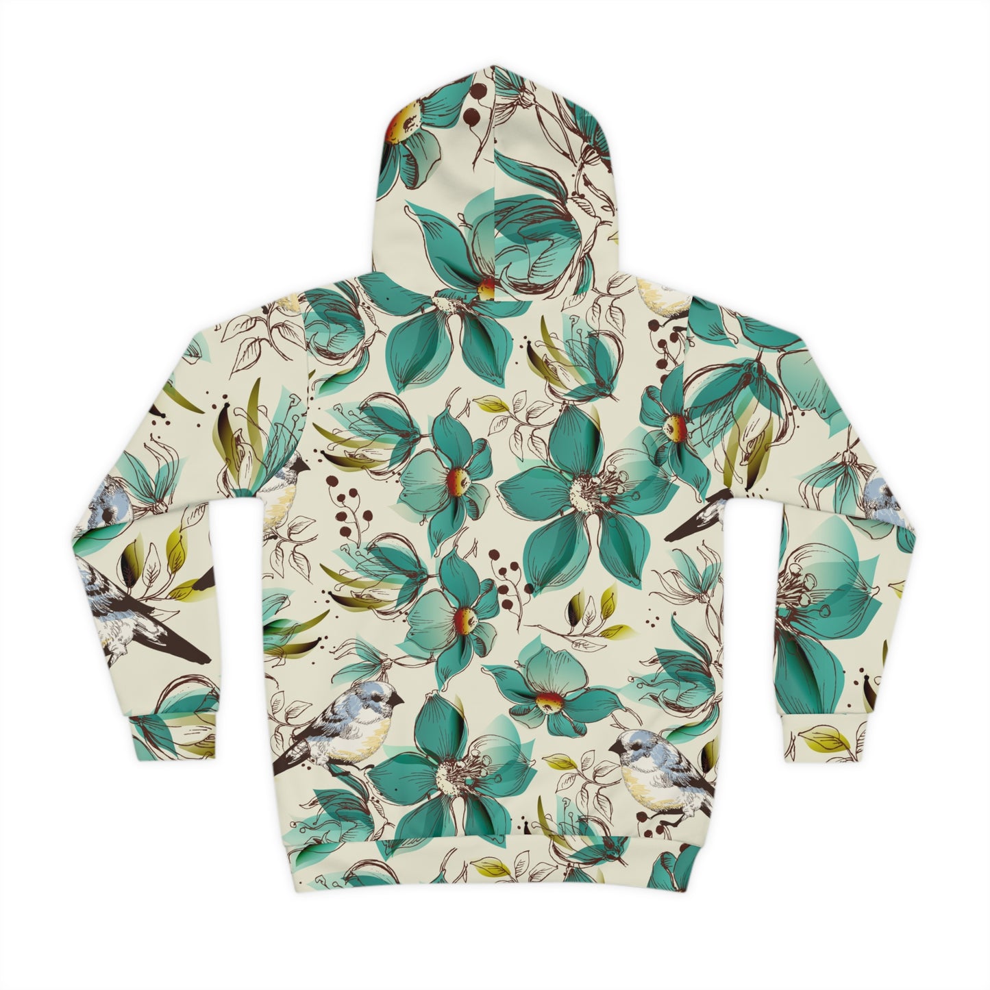 Kids Floral Hoodie — Teal Blooms & Songbirds All-Over Print