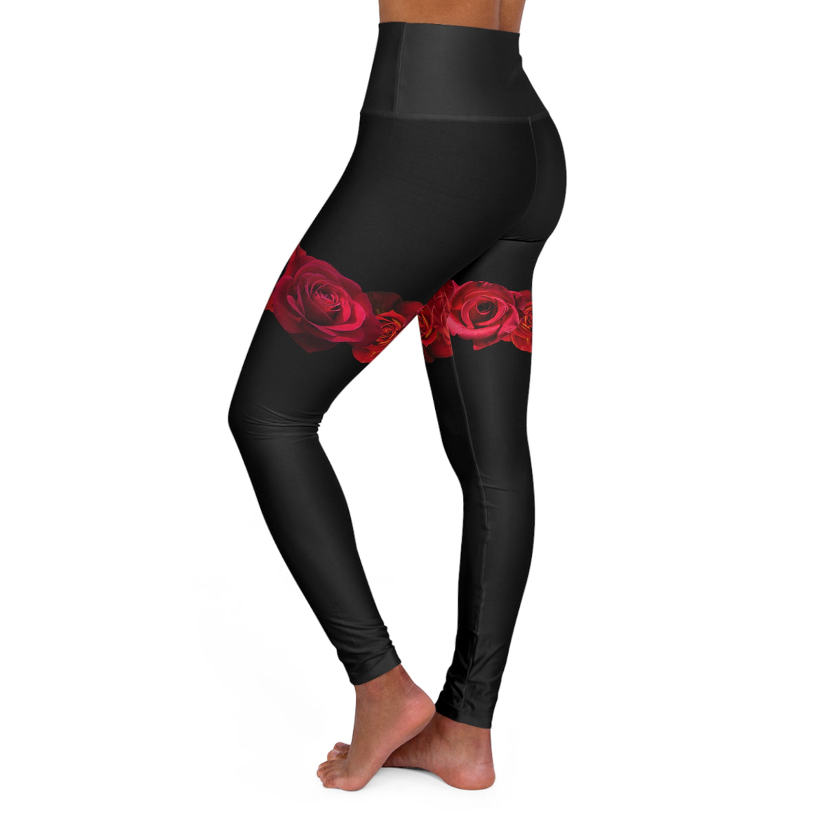 High-Waist Black Leggings with Red Rose Band — Floral Fitness Leggings©