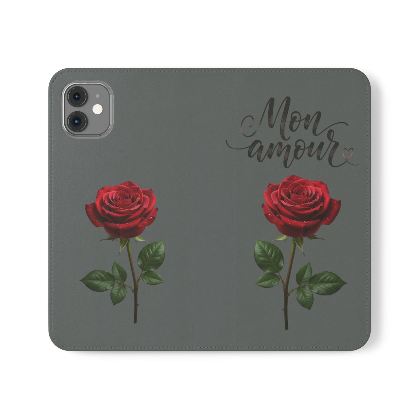 Mon Amour Rose Flip Phone Case — Floral Wallet Flip Case with 'Mon amour' Script