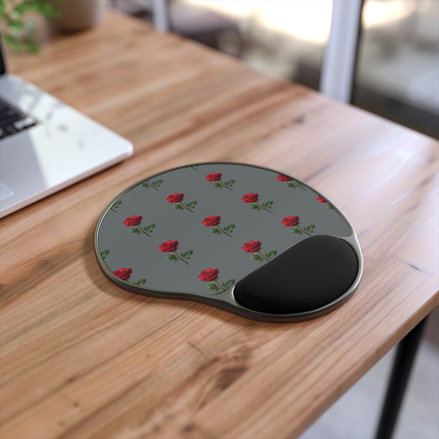 Rose Pattern Ergonomic Mouse Pad with Wrist Rest — Floral Gray Desk Accessory