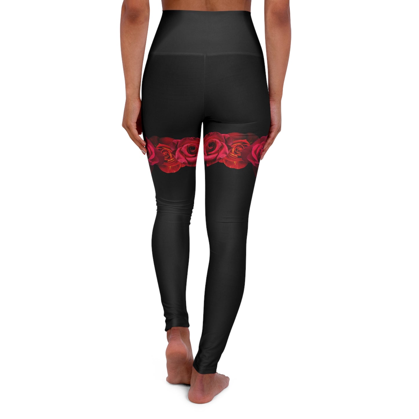High-Waist Black Yoga Leggings with Red Rose Band — Floral Fitness Leggings