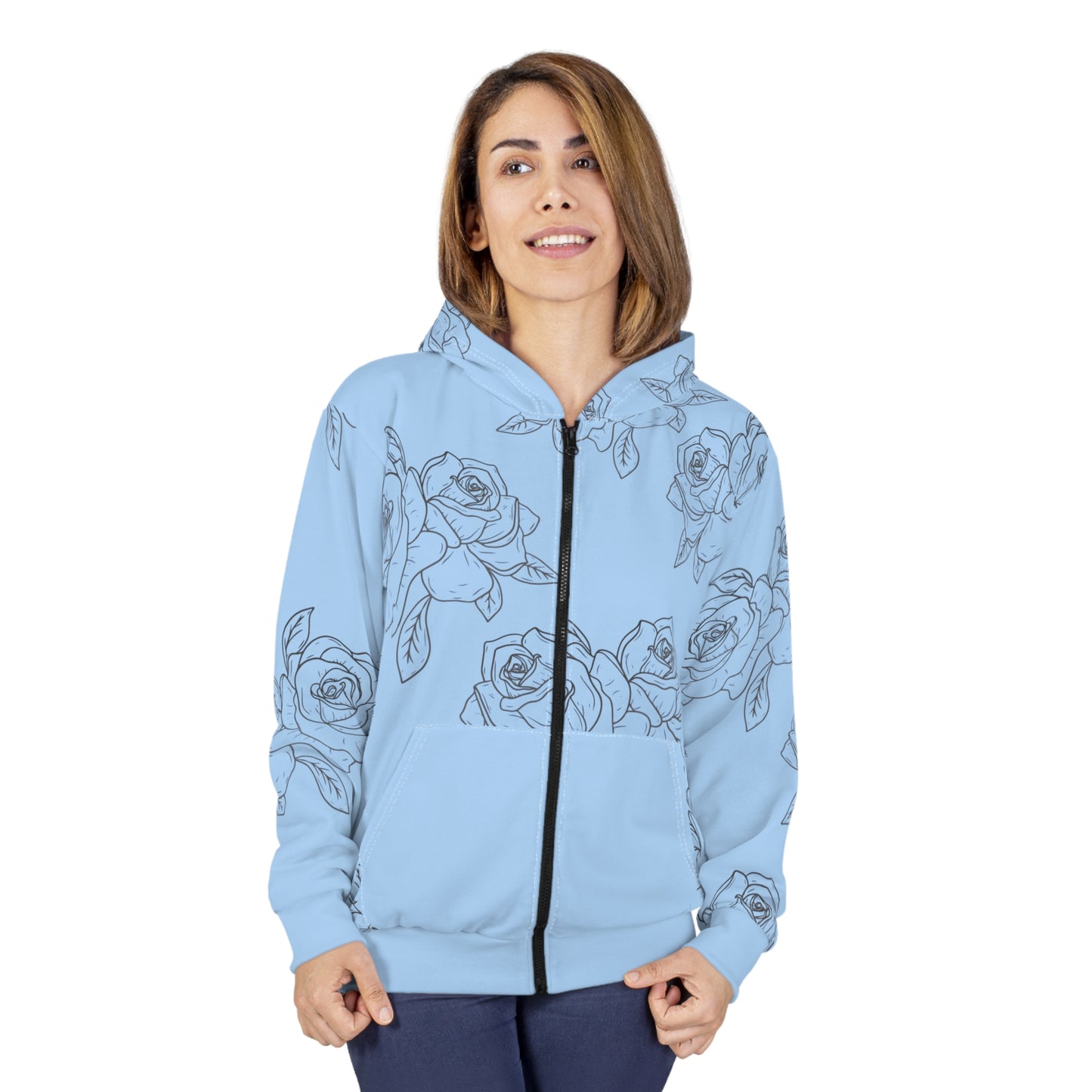 Light Blue Rose Pattern Zip Hoodie©