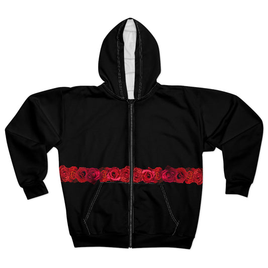 Black Zip Hoodie with Red Rose Band — Floral Zip-Up Hoodie©