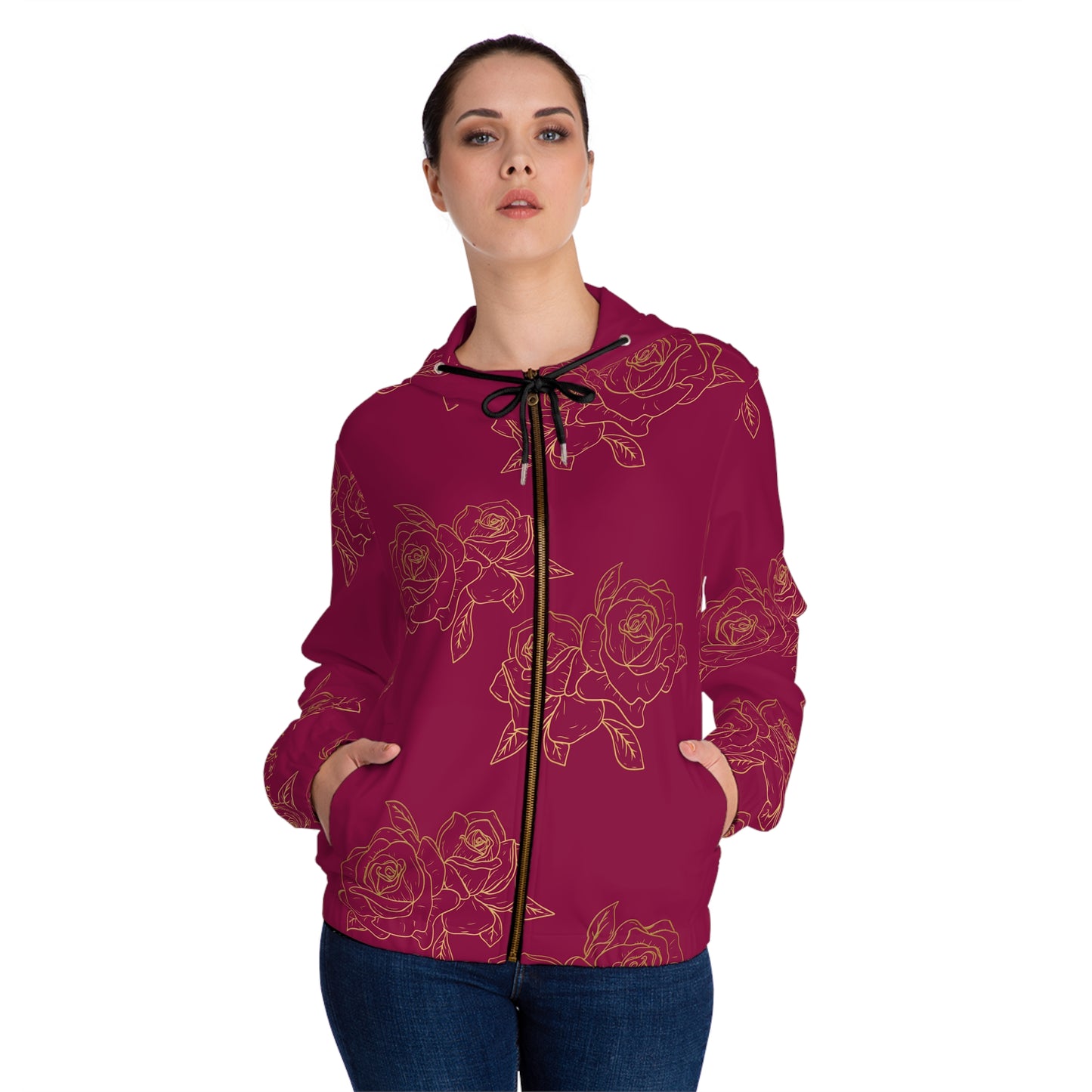 Women’s Rose Zip Hoodie – Burgundy Floral All-Over Print©