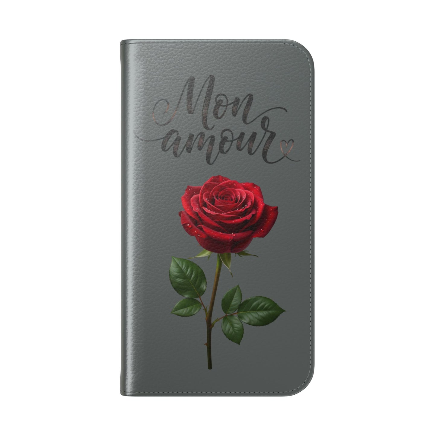 Mon Amour Rose Flip Phone Case — Floral Wallet Flip Case with 'Mon amour' Script