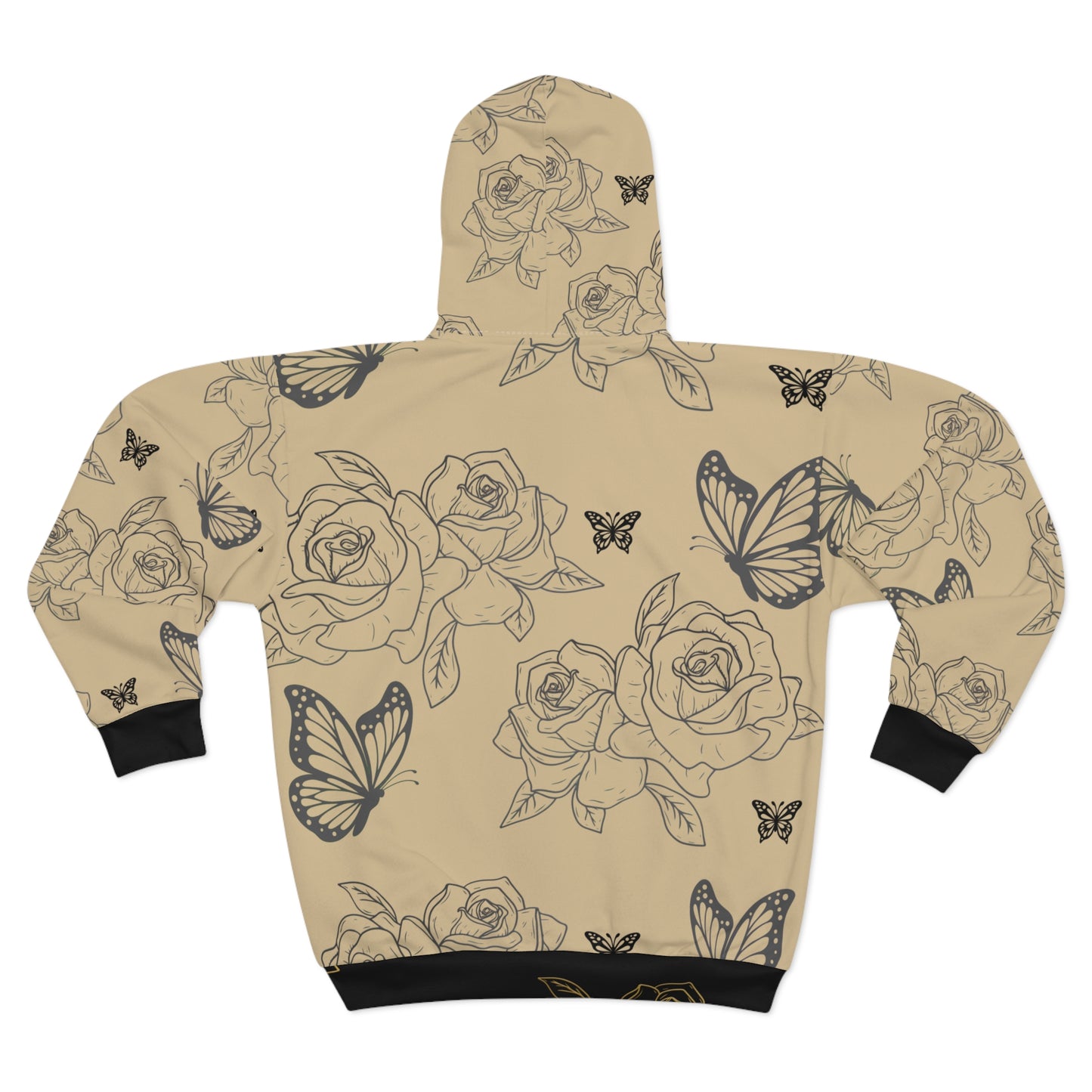 Butterfly Rose Zip Hoodie — Beige Floral All-Over Print©