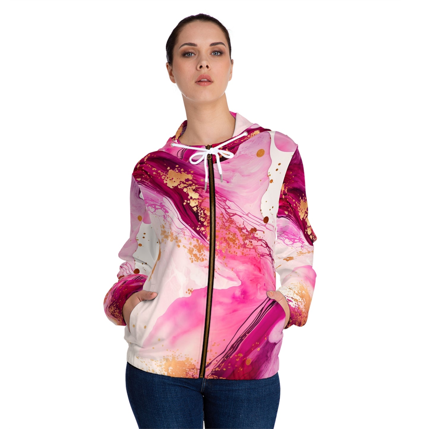 Pink Marble Zip Hoodie – Abstract Gold Splash Women’s Full-Zip Jacket