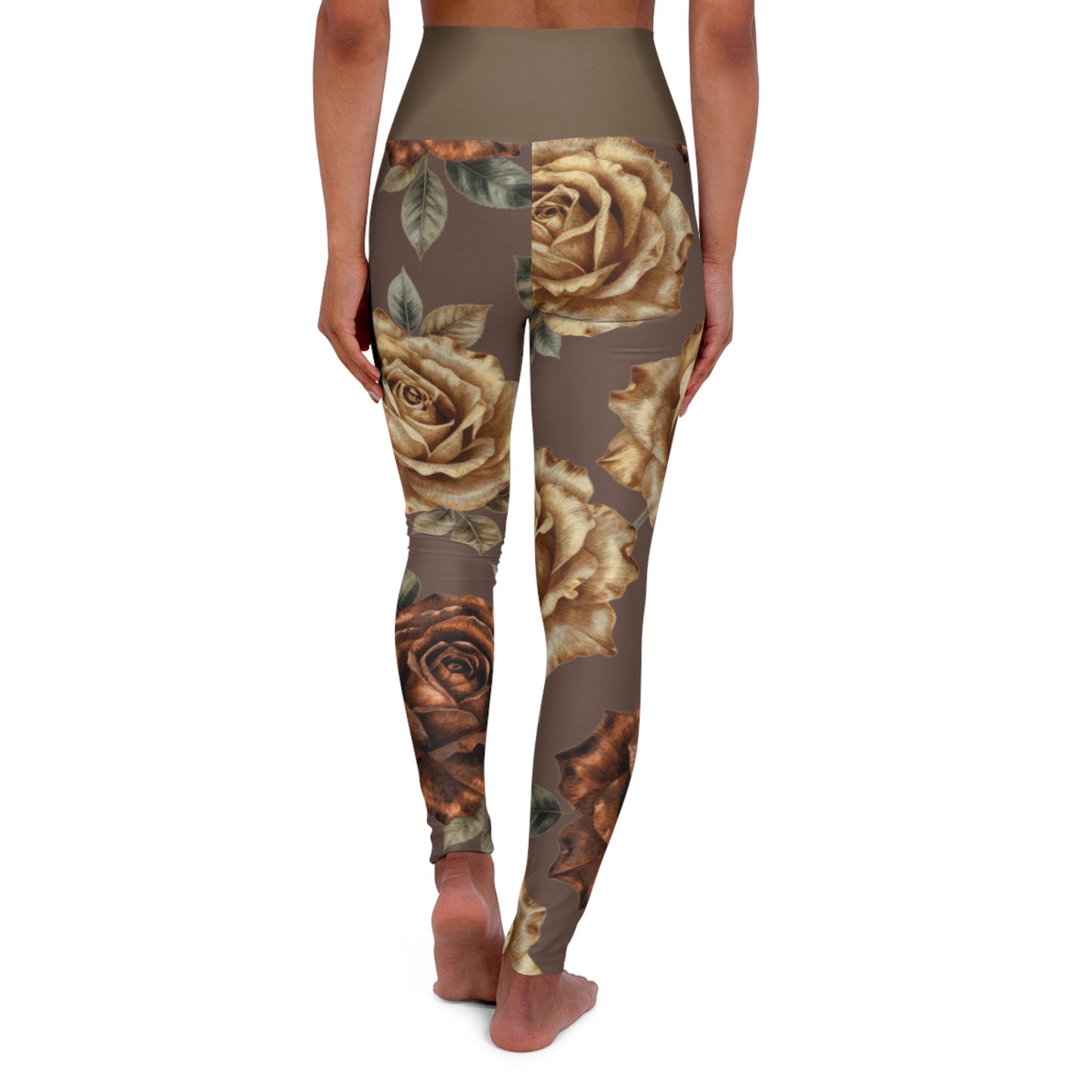 High-Waist Floral Yoga Leggings – Brown Vintage Rose Print©