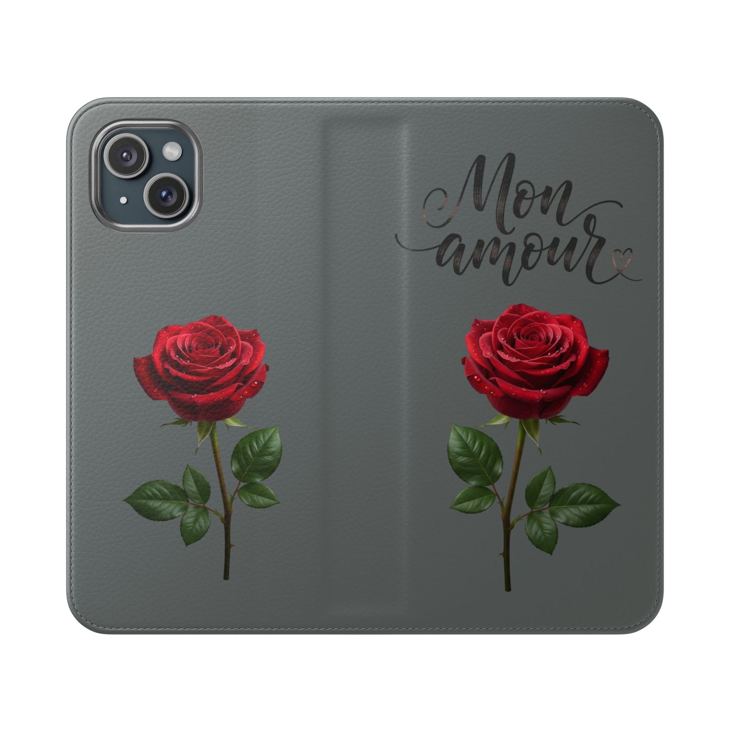 Mon Amour Rose Flip Phone Case — Floral Wallet Flip Case with 'Mon amour' Script