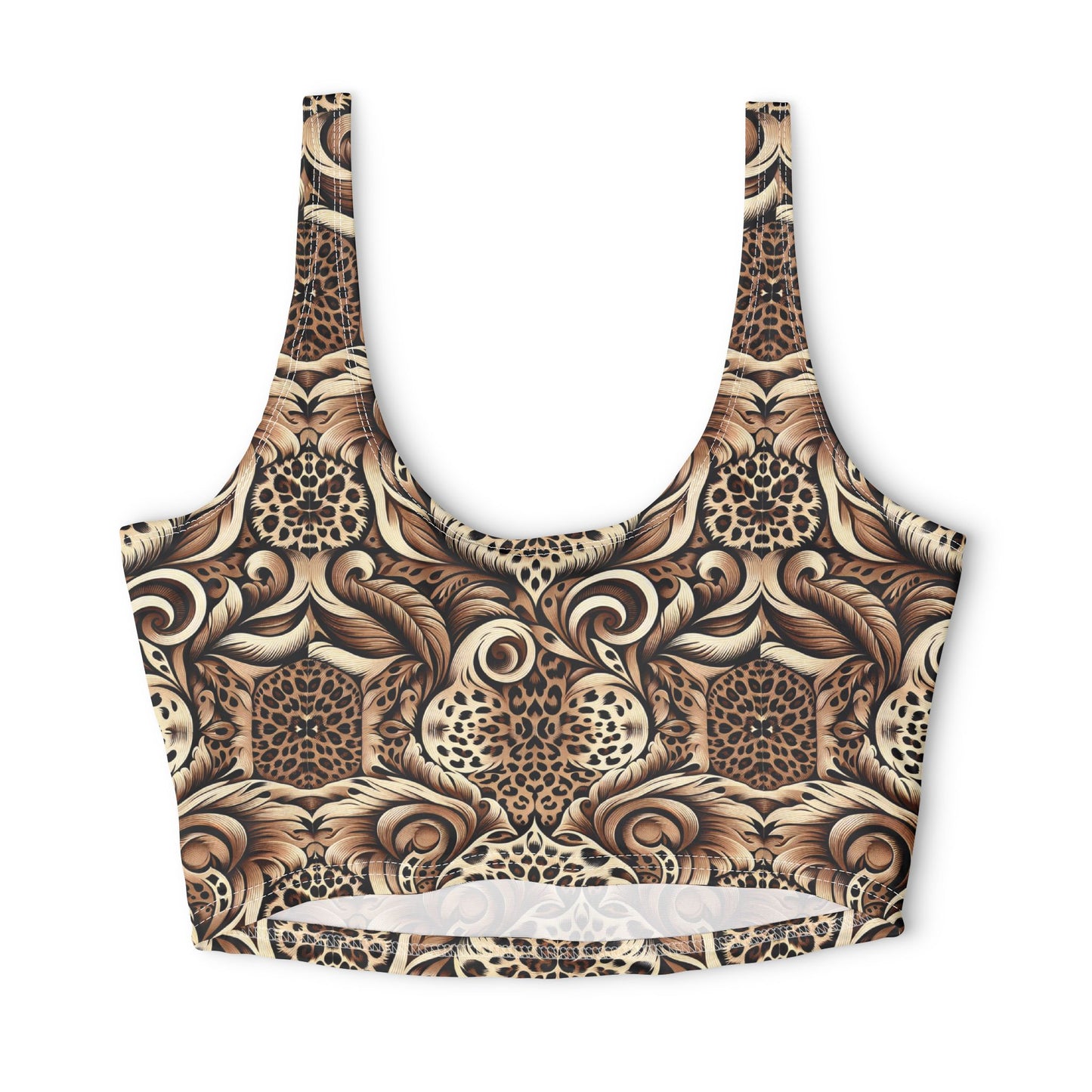 Brown Leopard Floral Sports Bra — All-Over Print Animal Pattern©