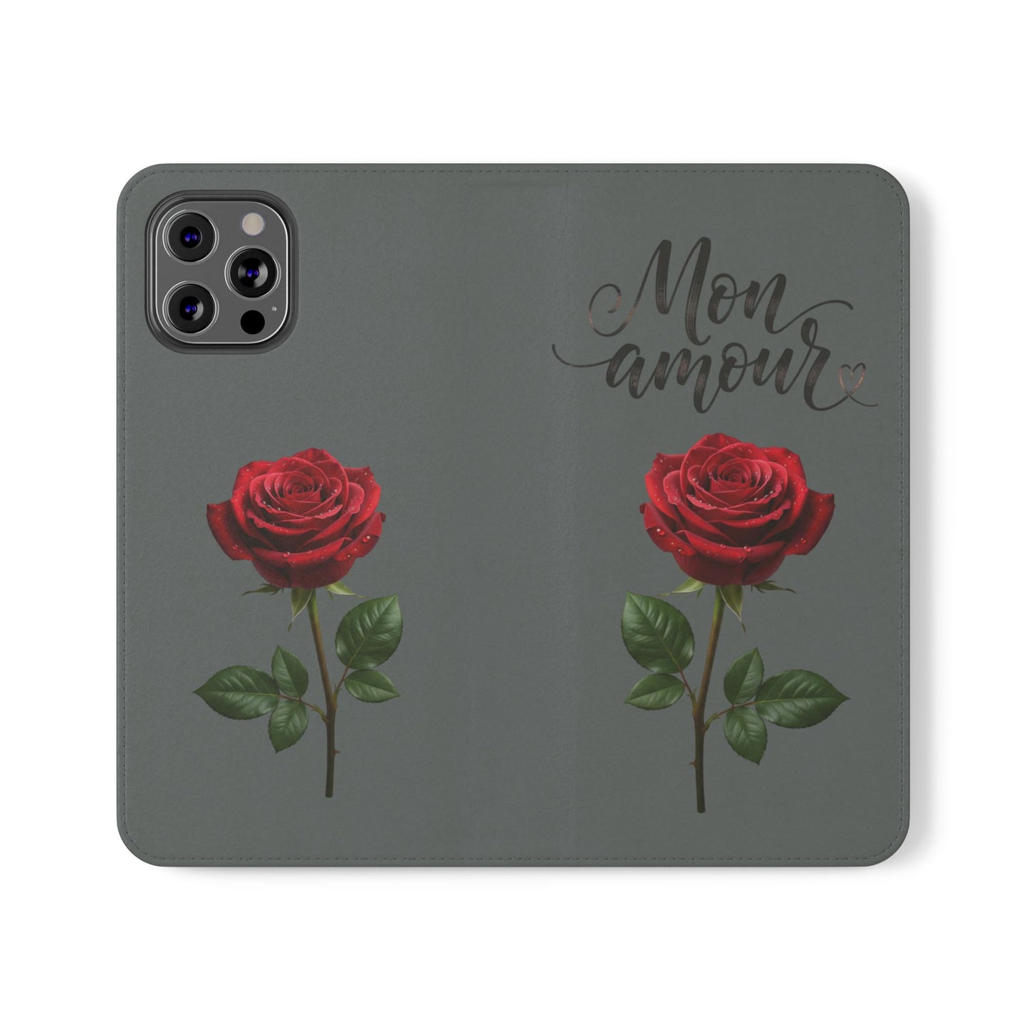 Mon Amour Rose Flip Phone Case — Floral Wallet Flip Case with 'Mon amour' Script