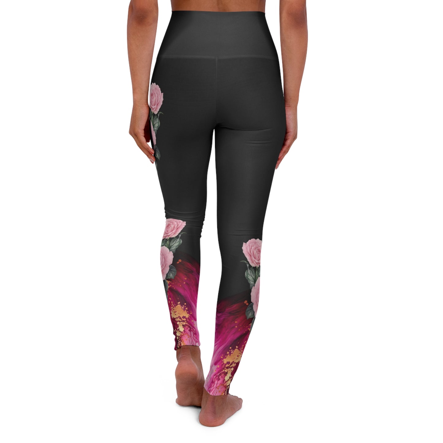 Floral High-Waisted Yoga Leggings — Pink Rose Black Ombre Activewear©