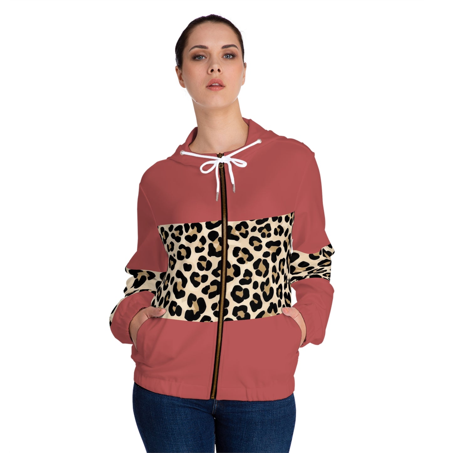 Leopard Stripe Panel Zip-Up Hoodie©