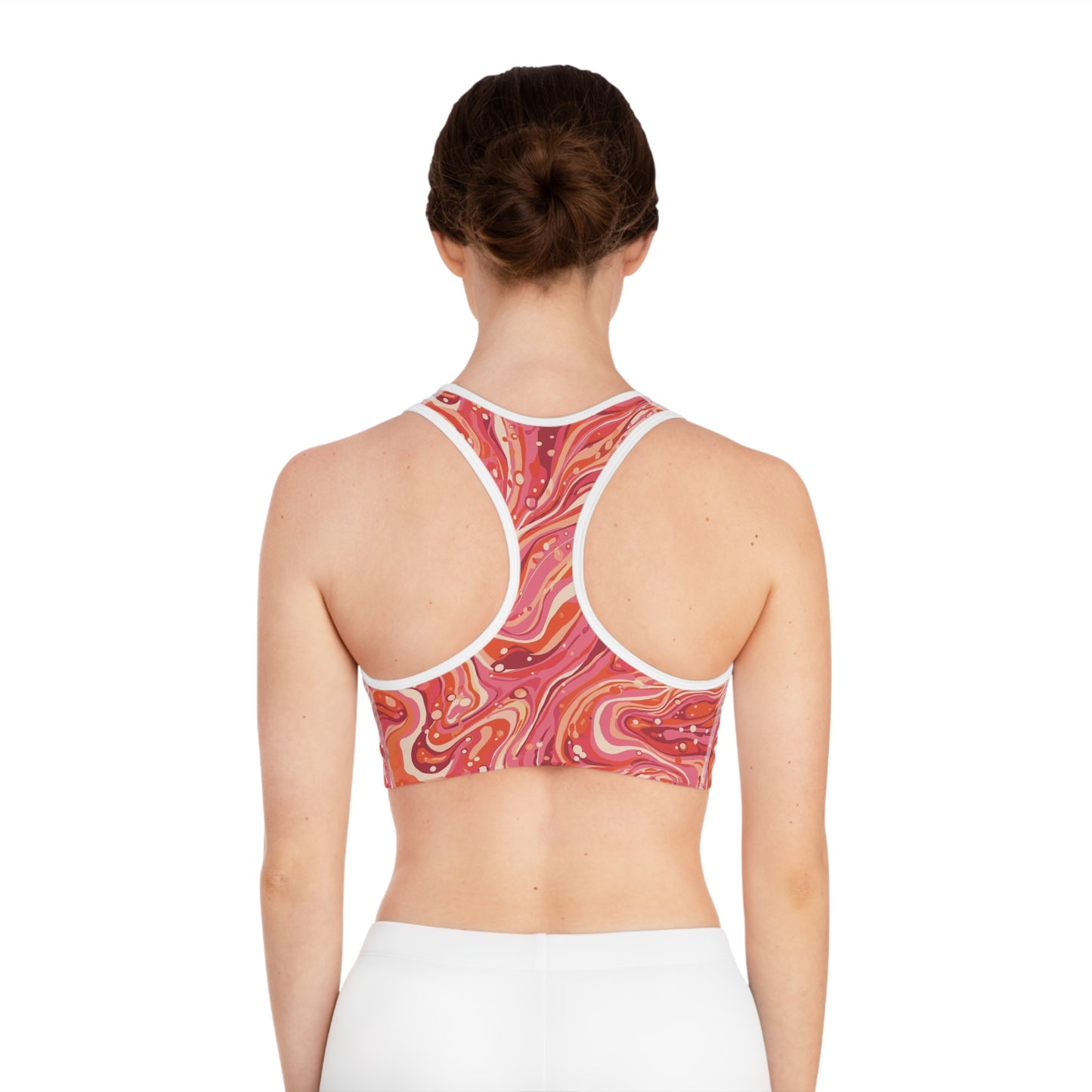 Pink Swirl Marble Sports Bra — Vibrant All-Over-Print Activewear