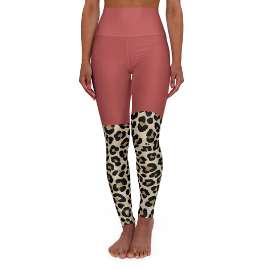 High-Waist Leopard Colour-block Yoga Leggings — Mauve & Animal Print Activewear©