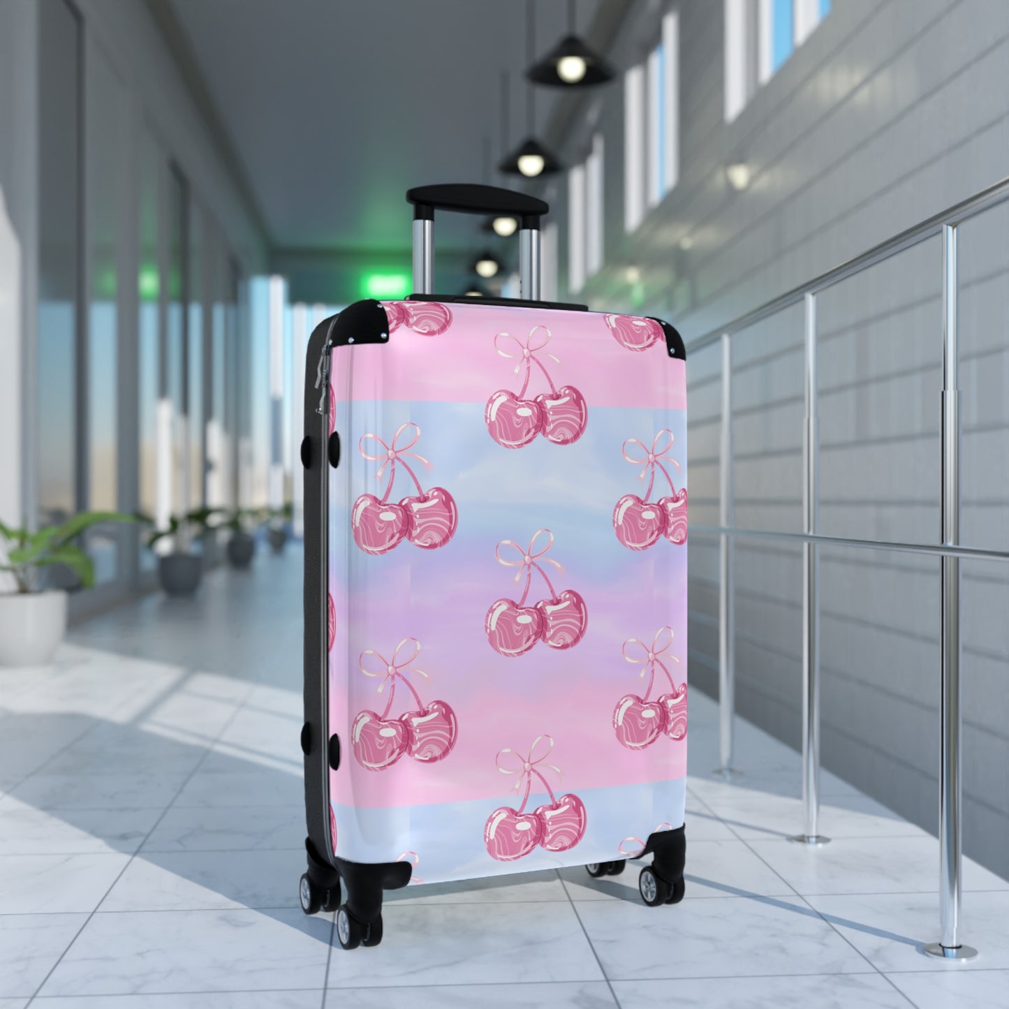 Cherry Pattern Suitcase— Pastel Pink & Lavender Travel Luggage©
