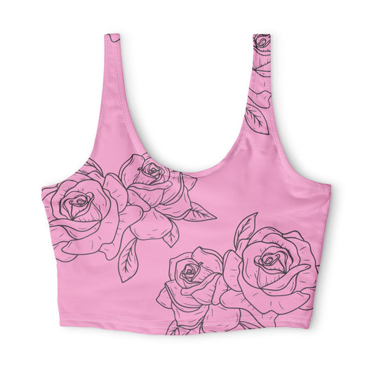 Pink Rose Floral Sports Bra – All-Over Print Athletic Crop Top©