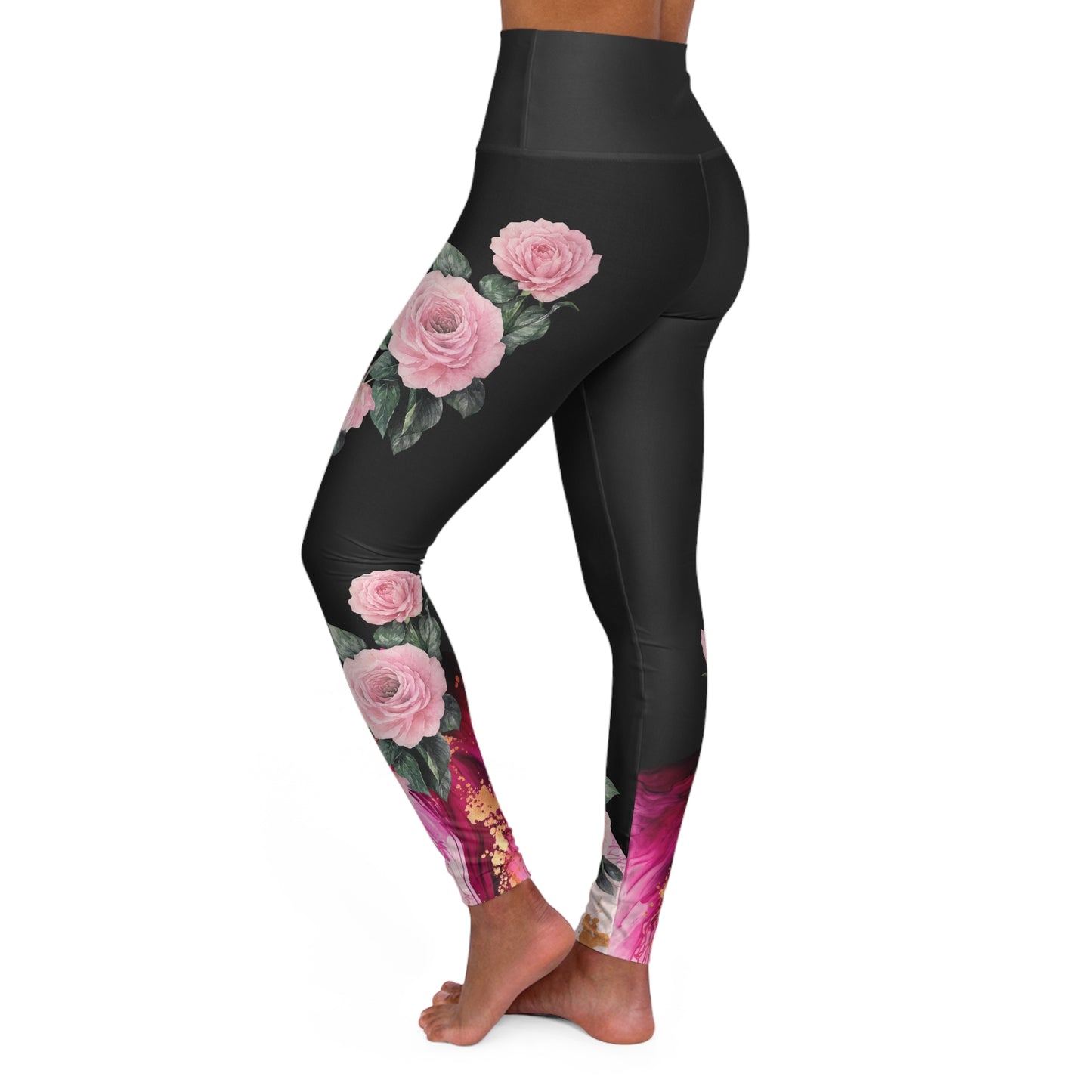 Floral High-Waisted Yoga Leggings — Pink Rose Black Ombre Activewear©