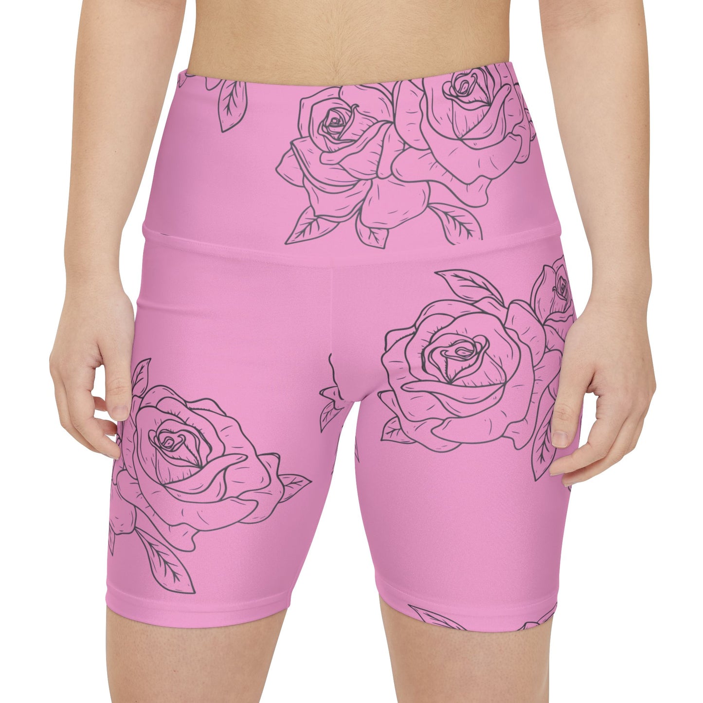 Pink Rose Print Women's Workout Shorts — Floral Activewear Bike Shorts©