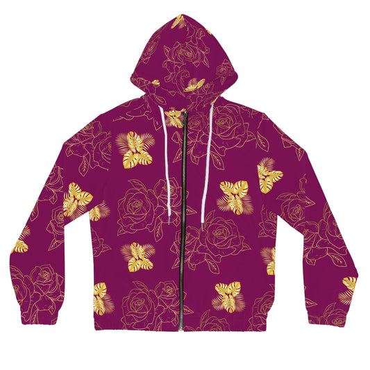 Floral Butterfly Zip Hoodie — Burgundy Rose Pattern Women’s Full-Zip©