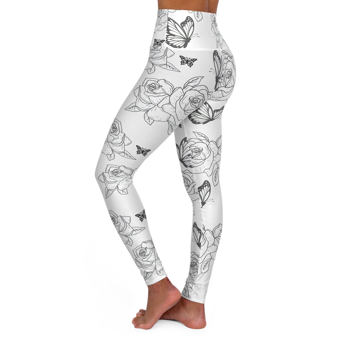 Floral Sketch High-Waist Yoga Leggings — Black & White Rose and Butterfly Print©