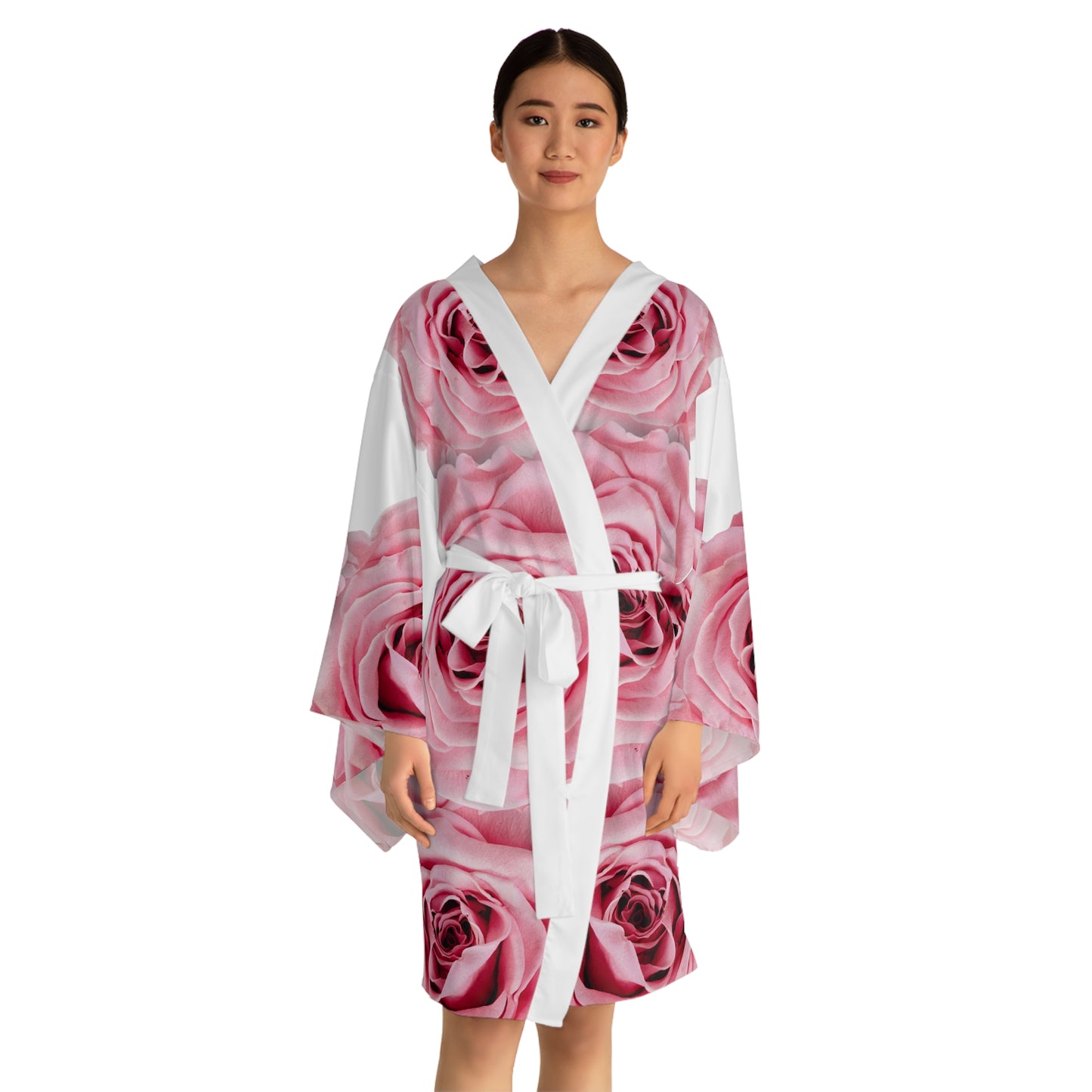 Pink Rose Kimono Robe — Floral Long Sleeve Lounge Wrap©
