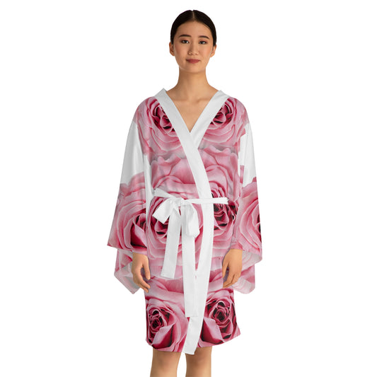 Pink Rose Kimono Robe — Floral Long Sleeve Lounge Wrap©