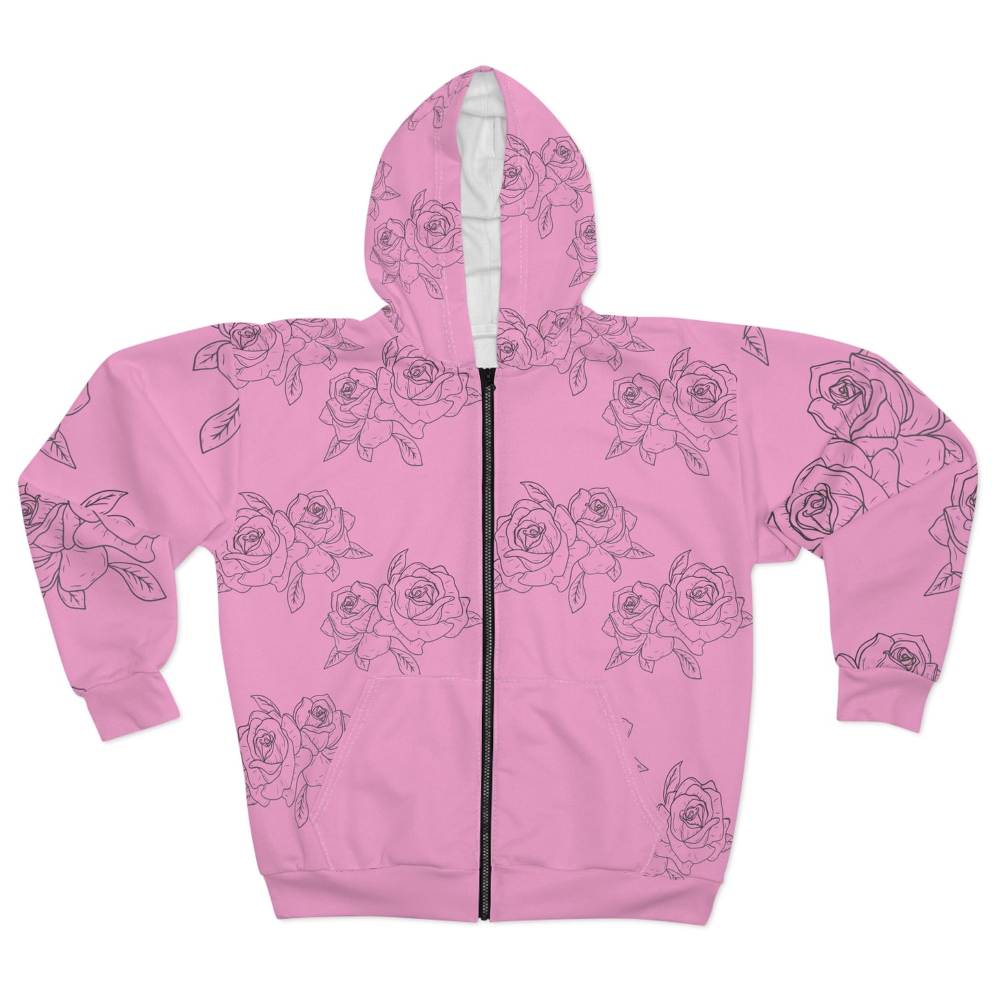 Pink Rose Sketch Zip Hoodie – Floral All-Over Print Hooded Jacket©
