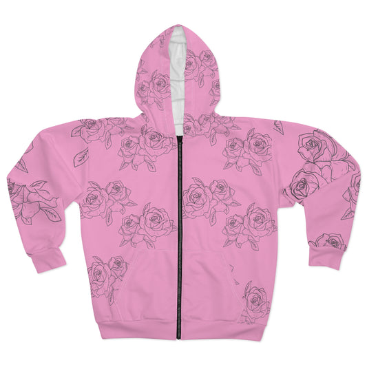 Pink Rose Sketch Zip Hoodie – Floral All-Over Print Hooded Jacket©