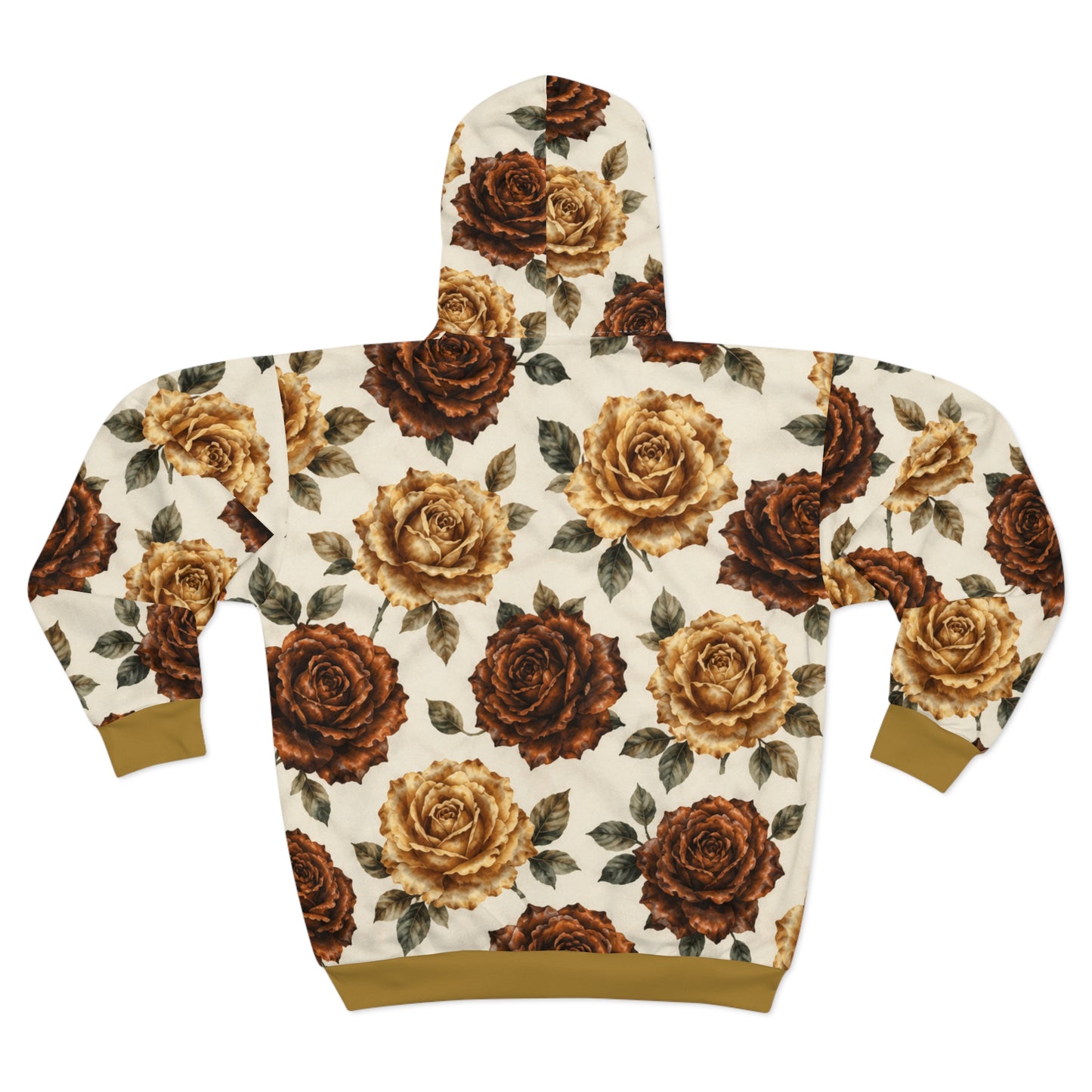 Brown Vintage Rose Zip Hoodie — Floral All-Over Print©