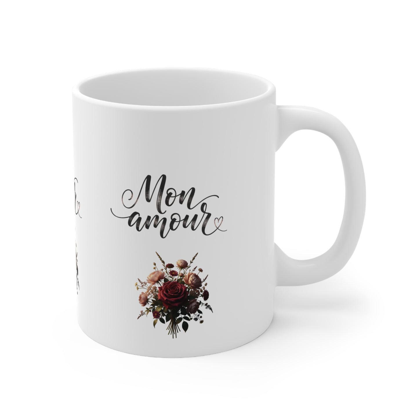 Mon Amour Floral Mug – Romantic French Script Coffee Cup, Valentine's Day Gift
